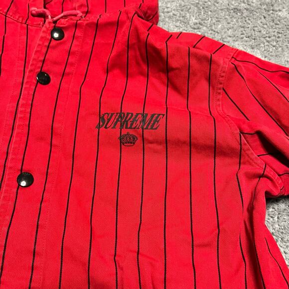 Supreme Twill Pinstripe Jacket Mens Medium Red Hooded Parka *** - Picture 2 of 9